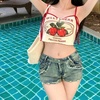 image:imageCute Cherry Print Camisole Tops for Women Y2K Bow Tie Sleeveless Vintage Crop Top OverSleeve Kawaii TShirtCherry Camisole