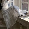 image:imageWomens Y2K Boho Ruffle Lace White Maxi Skirt Tiered Long Skirt Elastic High Waist Pleated ALine Long SkirtWhite