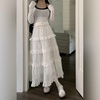 image:imageWomens Y2K Boho Ruffle Lace White Maxi Skirt Tiered Long Skirt Elastic High Waist Pleated ALine Long SkirtWhite