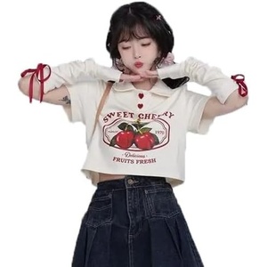 image:imageCute Cherry Print Camisole Tops for Women Y2K Bow Tie Sleeveless Vintage Crop Top OverSleeve Kawaii TShirtCheery With Sleeve
