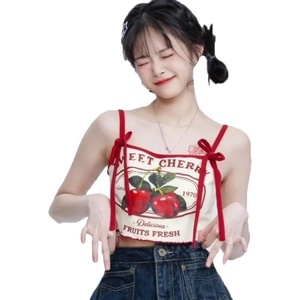 image:imageCute Cherry Print Camisole Tops for Women Y2K Bow Tie Sleeveless Vintage Crop Top OverSleeve Kawaii TShirtCherry Camisole