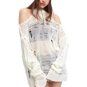 image:imageDynict Womens Hollow Out Long Sleeve Sweater Crochet Knit Distressed Sweater Ripped Sweater Fishnet ShirtWhite