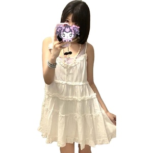 image:imageDynict Womens White Lace Ruffle Dress Y2K Chic Slip Sundress Cute Casual Kawaii Pleated Solid Mini DressWhite