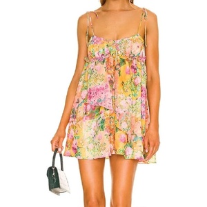 image:imageSummer Floral Boho Dresses for Women Spaghetti Straps Beach Dress Ruffle Sexy Mini DressYellow