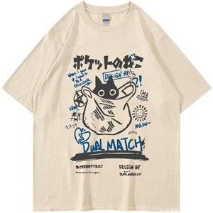 image:imageUnisex Cartoon TShirts Harajuku Kawaii Cat Letter Printed Short Sleeve Tees Couple Loose Clothes Y2K TopsKhaki