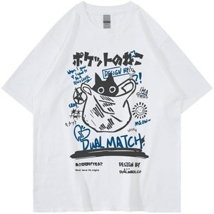 image:imageUnisex Cartoon TShirts Harajuku Kawaii Cat Letter Printed Short Sleeve Tees Couple Loose Clothes Y2K TopsWhite