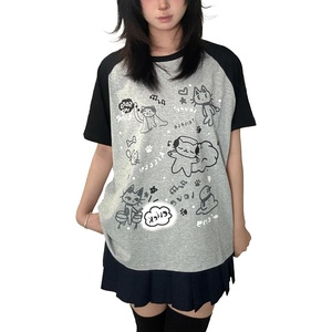image:imageWomens Kawaii Cat Print TShirts Cartoon Letter Japan Style Kitten Short Sleeve Cute Print Tops Sweet Girl Y2k Tee TopsGrey