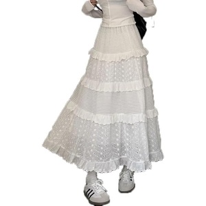image:imageWomens Y2K Boho Ruffle Lace White Maxi Skirt Tiered Long Skirt Elastic High Waist Pleated ALine Long SkirtWhite