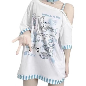 image:imageY2k Kawaii Shirts for Women Cartoon Graphic Tees Off Shoulder Cutecore Shirts Harajuku Fashion Gothic TopsBlue