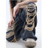 image:imageWomens Gothic Ripped Jeans High Waist HipHop Vintage Y2k Denim Pants Oversize Harajuku Beggy Wide Leg JeansBlue
