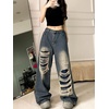 image:imageWomens Gothic Ripped Jeans High Waist HipHop Vintage Y2k Denim Pants Oversize Harajuku Beggy Wide Leg JeansBlue