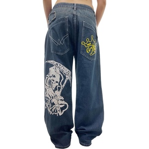 image:imageUnisex Y2K Hip Hop Street Jeans Skeleton Printed Gothic Baggy Jeans Vintage High Waist Denim Jeans Wide Leg PantsBlue
