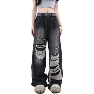 image:imageWomens Gothic Ripped Jeans High Waist HipHop Vintage Y2k Denim Pants Oversize Harajuku Beggy Wide Leg JeansBlack