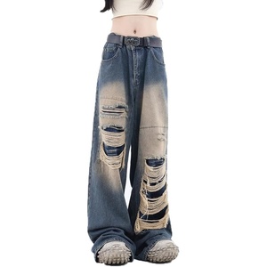 image:imageWomens Gothic Ripped Jeans High Waist HipHop Vintage Y2k Denim Pants Oversize Harajuku Beggy Wide Leg JeansBlue