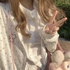 image:imageDynict Womens Y2K Cute Embroidery Cat Floral Hoodies Sweet Cartoon Casual Lace Decorate Kawaii Zipper Drawstring HoodiesWhite