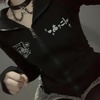 image:imageDynict Womens Y2K Cute Graphic Zip Up Hoodies Short Sleeve Harajuku Slim Fit Kawaii Aesthetic Cartoon Print TShirtBlacklong