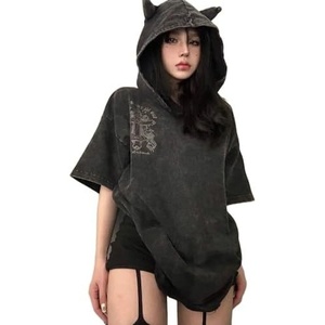 image:imageDynict Gothic Oversized Short Sleeve Devil Hoodied Tops for Women Hip Hop Ripped Sweatshirt Loose Fit Grunge ClothesBlack
