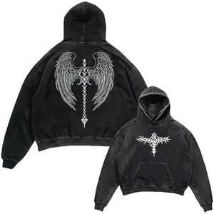 image:imageDynict Unisex Y2K Aicd Wash Gothic Graphic Hoodies Oversize Grunge Skull Wing Print Sweatshirt Casual Fit PulloverBlack