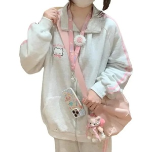image:imageDynict Womens Kawaii Hoodies Set Cute Pink Cat Zipper Hoddies Y2K Harajuku Oversize Pants Japanese Embroidery Hoodies SetGray Hoodie