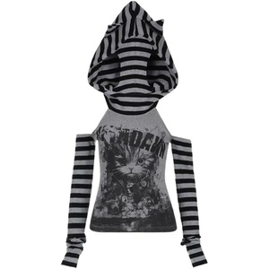 image:imageDynict Womens Y2K Cute Cat Print Hoodies Off Shoulder Patchwork Stripe Gothic Vintage Tops Slim Fit Harajuku Punk Tube TopGray