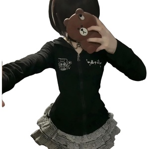 image:imageDynict Womens Y2K Cute Graphic Zip Up Hoodies Short Sleeve Harajuku Slim Fit Kawaii Aesthetic Cartoon Print TShirtBlacklong