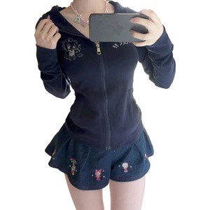 image:imageDynict Womens Y2K Cute Graphic Zip Up Hoodies Short Sleeve Harajuku Slim Fit Kawaii Aesthetic Cartoon Print TShirtBluelong