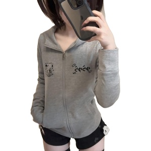 image:imageDynict Womens Y2K Cute Graphic Zip Up Hoodies Short Sleeve Harajuku Slim Fit Kawaii Aesthetic Cartoon Print TShirtGreylong