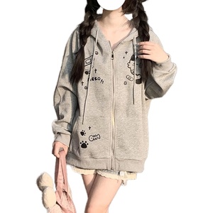 image:imageDynict Womens Y2K Zip Up Cute Graphic Hoodies Cat Ears Casual Cartoon Harajuku Kawaii Clothes Oversize Streetwear JacketGrey