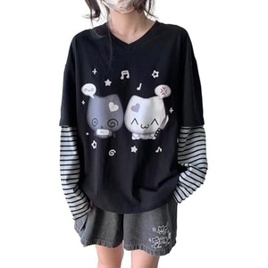 image:imageDynict Y2k Cute Sweatshirts for Women Harajuku Kawaii Striped Sweatshirts Cartoon TshirtsCat Print