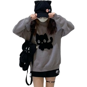image:imageY2K Kawaii Knit Cute Cat Print Casual Long Sleeve Crew Neck Oversize Pullovers Sweaters for WomenGrey
