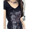 image:imageWomens Y2K Gothic Graphic VNeck Slim Fit TShirt Grunge Vintage Short Sleeve Trendy Crop TopsBlack4
