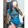 image:imageWomens Y2K Gothic Graphic VNeck Slim Fit TShirt Grunge Vintage Short Sleeve Trendy Crop TopsBlue