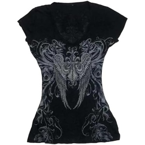 image:imageWomens Y2K Gothic Graphic VNeck Slim Fit TShirt Grunge Vintage Short Sleeve Trendy Crop TopsBlack