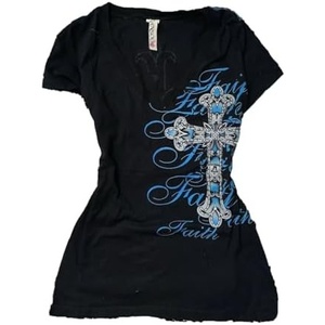 image:imageWomens Y2K Gothic Graphic VNeck Slim Fit TShirt Grunge Vintage Short Sleeve Trendy Crop TopsBlack1