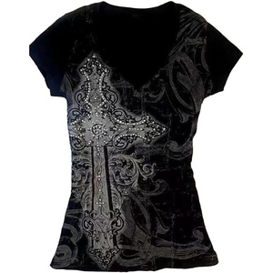 image:imageWomens Y2K Gothic Graphic VNeck Slim Fit TShirt Grunge Vintage Short Sleeve Trendy Crop TopsBlack2