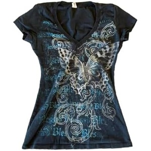 image:imageWomens Y2K Gothic Graphic VNeck Slim Fit TShirt Grunge Vintage Short Sleeve Trendy Crop TopsBlack3