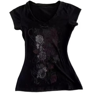 image:imageWomens Y2K Gothic Graphic VNeck Slim Fit TShirt Grunge Vintage Short Sleeve Trendy Crop TopsBlack4