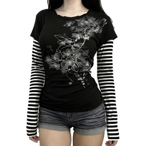 image:imageDynict Womens Y2K Gothic Punk Sweatshirts Grunge Vinitage Slim Fit Long Sleeve Tops Stripe Floral Print 2000s StreetwearBlack