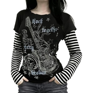 image:imageDynict Womens Y2K Gothic Punk Sweatshirts Grunge Vinitage Slim Fit Long Sleeve Tops Stripe Floral Print 2000s StreetwearBlack1