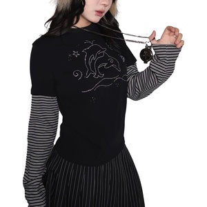 image:imageDynict Womens Y2K Gothic Punk Sweatshirts Grunge Vinitage Slim Fit Long Sleeve Tops Stripe Floral Print 2000s StreetwearBlack2