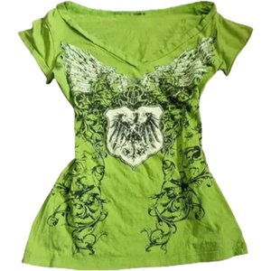 image:imageWomens Y2K Gothic Graphic VNeck Slim Fit TShirt Grunge Vintage Short Sleeve Trendy Crop TopsGreen