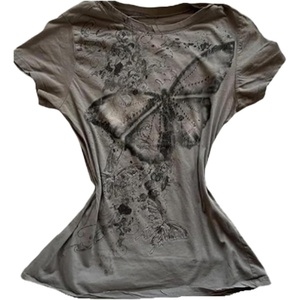 image:imageWomens Y2K Gothic Graphic VNeck Slim Fit TShirt Grunge Vintage Short Sleeve Trendy Crop TopsGrey