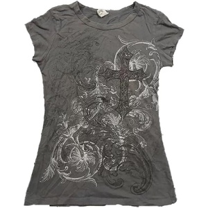 image:imageWomens Y2K Gothic Graphic VNeck Slim Fit TShirt Grunge Vintage Short Sleeve Trendy Crop TopsGrey1