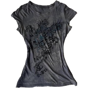 image:imageWomens Y2K Gothic Graphic VNeck Slim Fit TShirt Grunge Vintage Short Sleeve Trendy Crop TopsGrey2