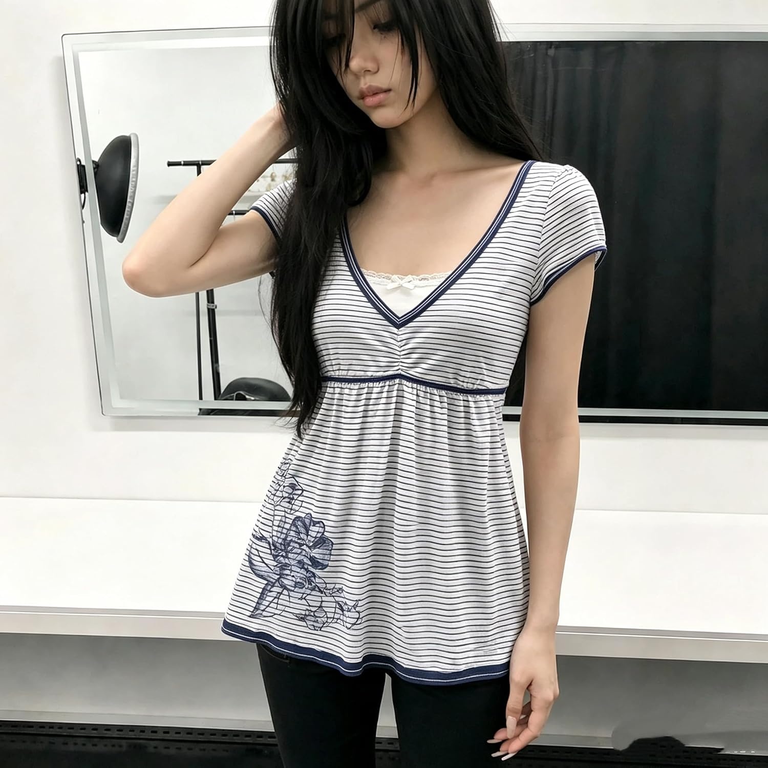 image:imageWomens Y2K Vintage Striped Goth TShirt 2000s Retro Lace Up Slim Fit Crop Tops Cutecore Streetwear TShirtBlue2