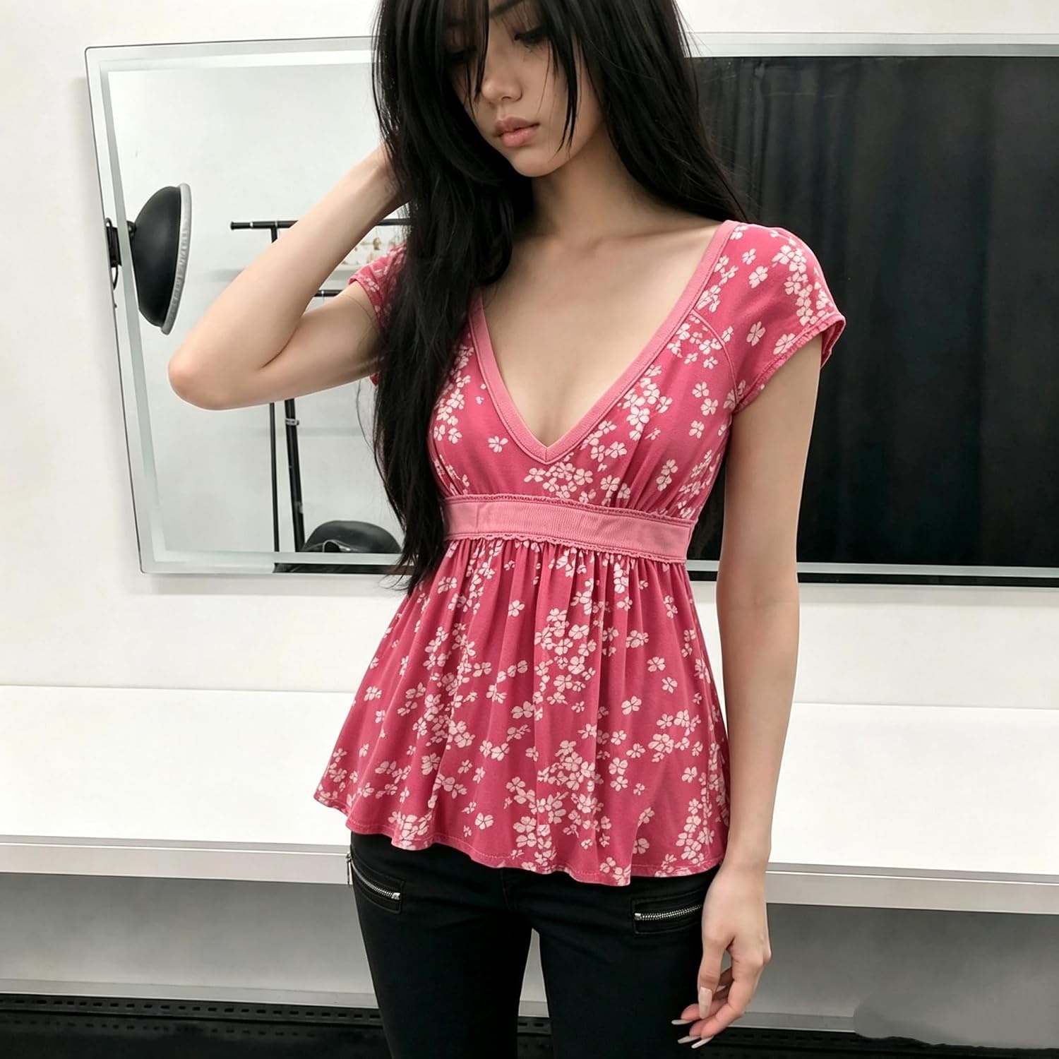 image:imageWomens Y2K Vintage Striped Goth TShirt 2000s Retro Lace Up Slim Fit Crop Tops Cutecore Streetwear TShirtPink1