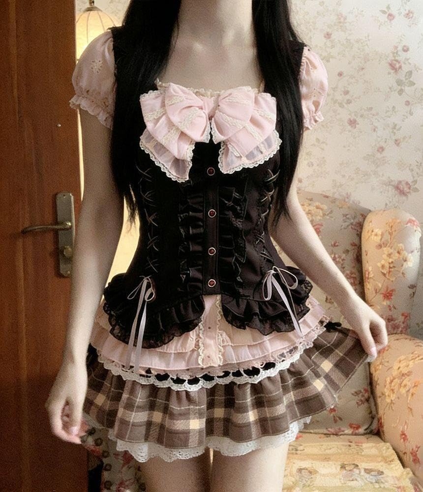 image:imageWomens Y2K Vintage Striped Goth TShirt 2000s Retro Lace Up Slim Fit Crop Tops Cutecore Streetwear TShirtPink2