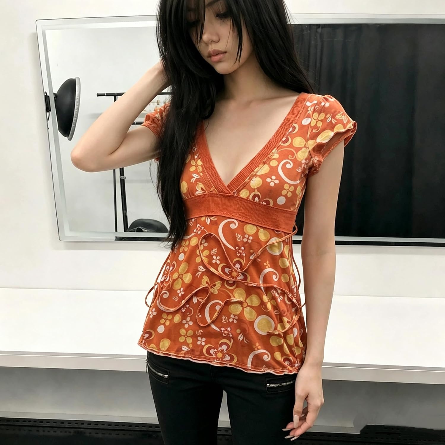 image:imageWomens Y2K Vintage Striped Goth TShirt 2000s Retro Lace Up Slim Fit Crop Tops Cutecore Streetwear TShirtRed1
