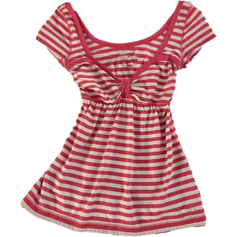 image:imageWomens Y2K Vintage Striped Goth TShirt 2000s Retro Lace Up Slim Fit Crop Tops Cutecore Streetwear TShirtRed